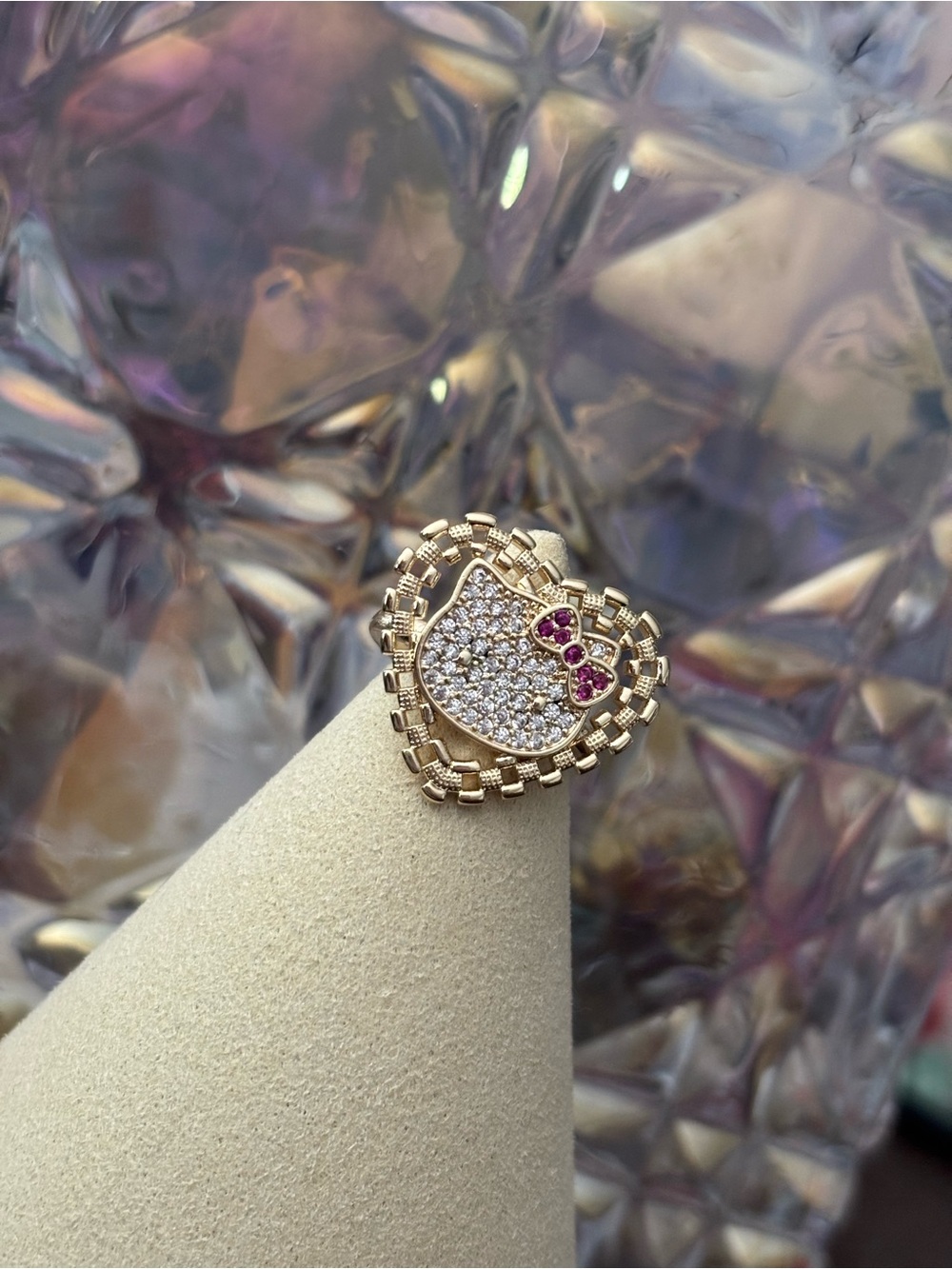 Hello Kitty Gold-Tone Heart Ring with Pink Crystal Bow size 7